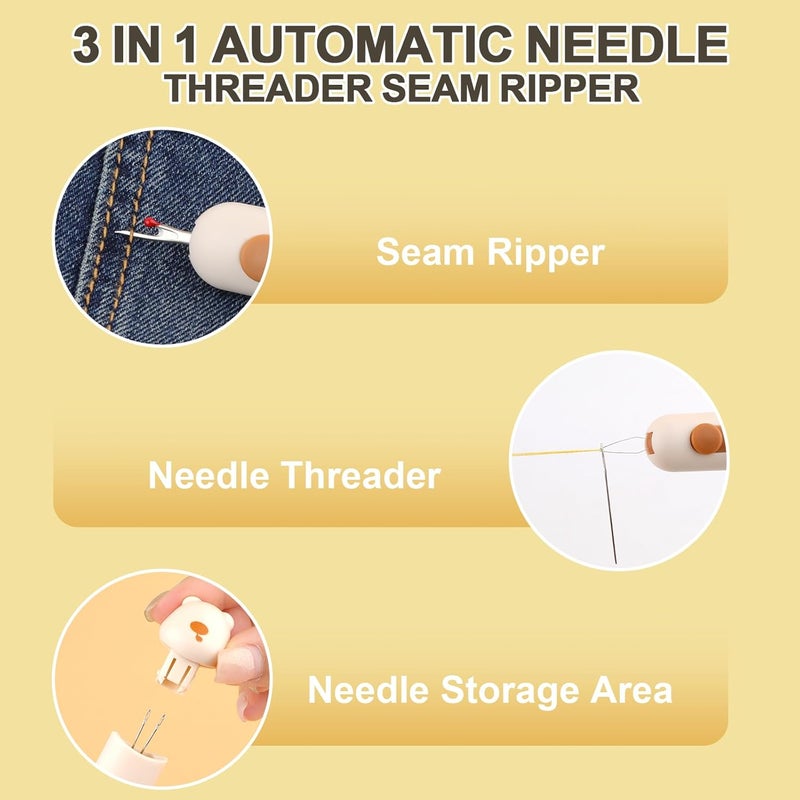FENGWANGLI Automatic Needle Threaders Seam Ripper, Upgraded 3 in 1 Sewing Needle Threader Tool, Stretchable Quick Seam Rippers with Needle Storage for Hand Quilling, Embroidery Stitch Removal(Yellow) - Image 3